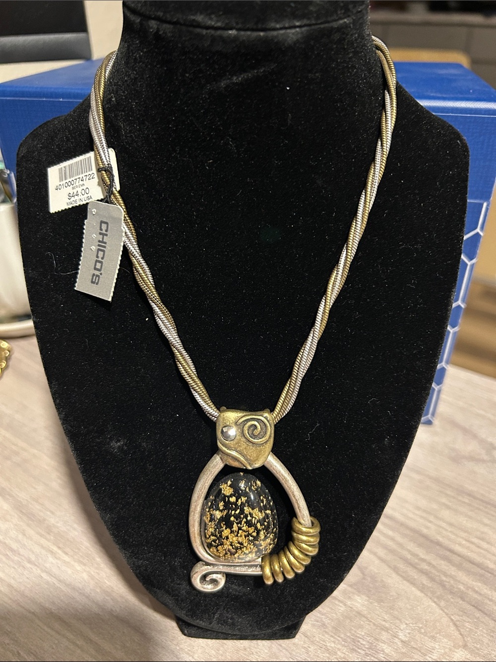 Chico's Gold & Black Owl Pendant Necklace with Speckled Stone
